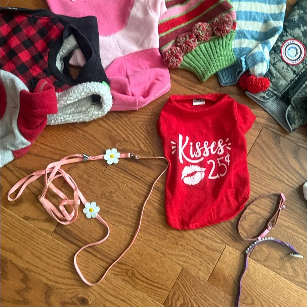 Assorted 9 Dog Sweaters and Accessories for small dog.
